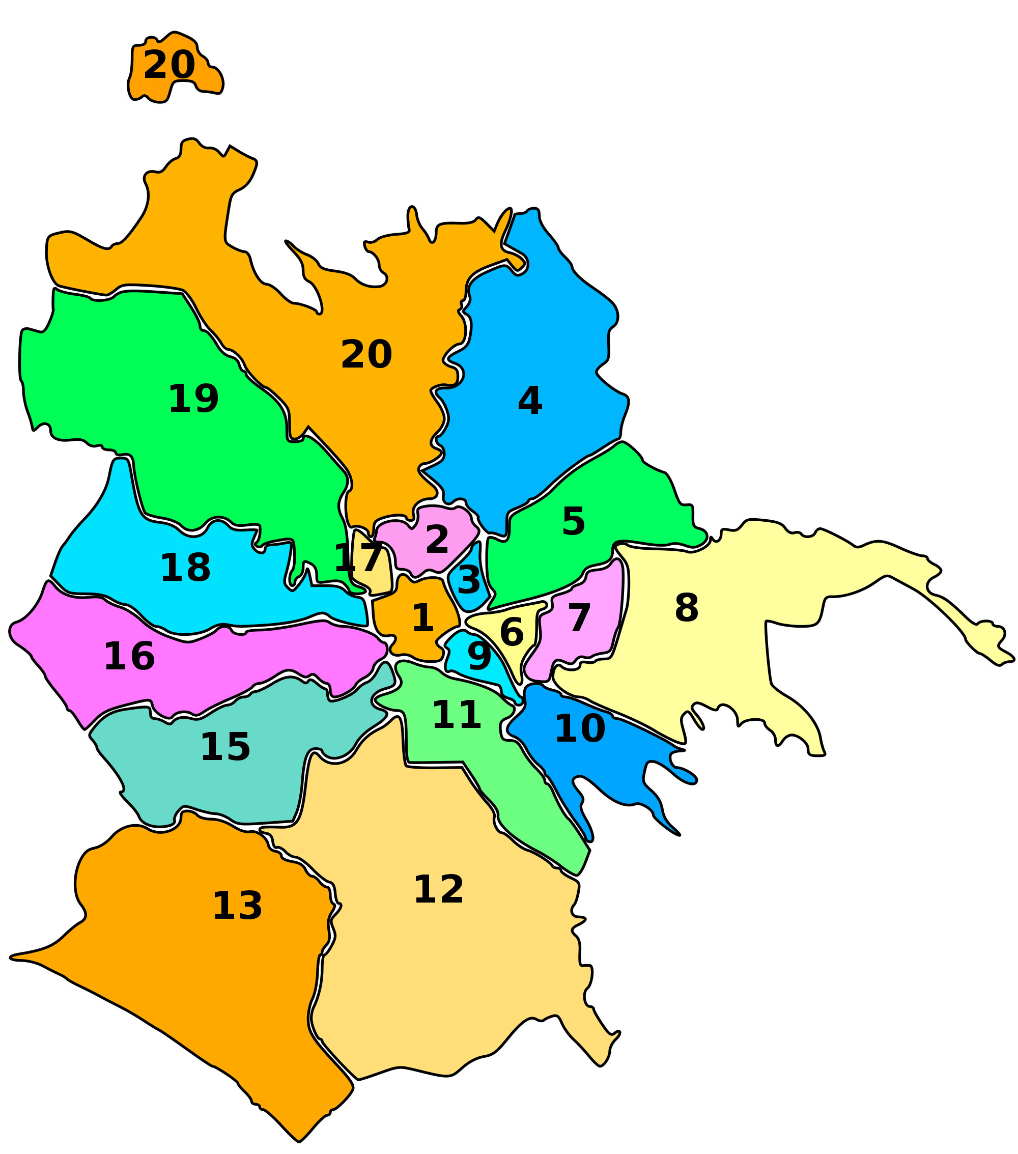 Mapa dos 19 distritos (municipi) e bairros de Roma